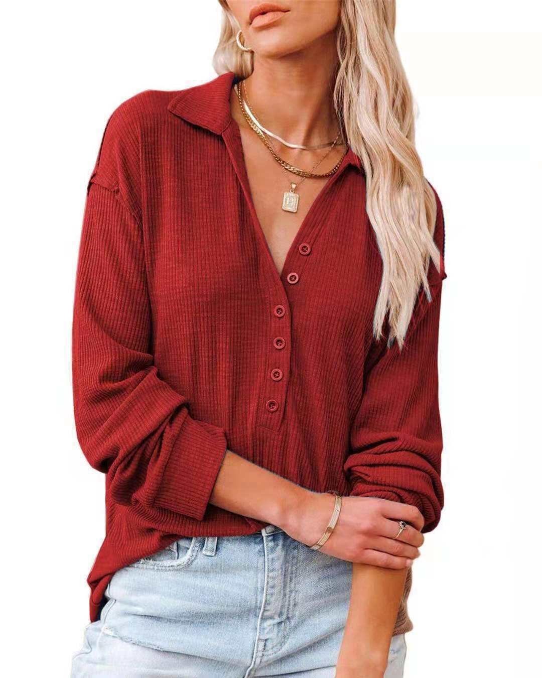 MALENEY BUTTON DOWN LONG SLEEVE TOP(9 COLORS)