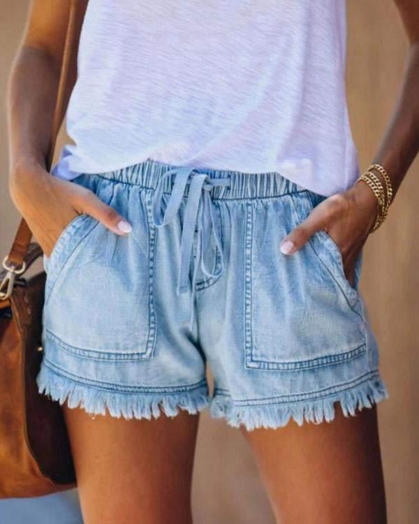 Maleney Solid Drawstring Denim Shorts(4 Colors)