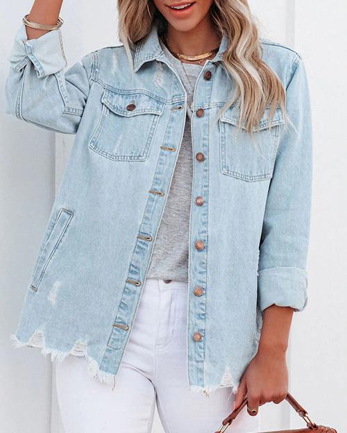 MALENEY POCKETED DISTRESSED DENIM SHACKET