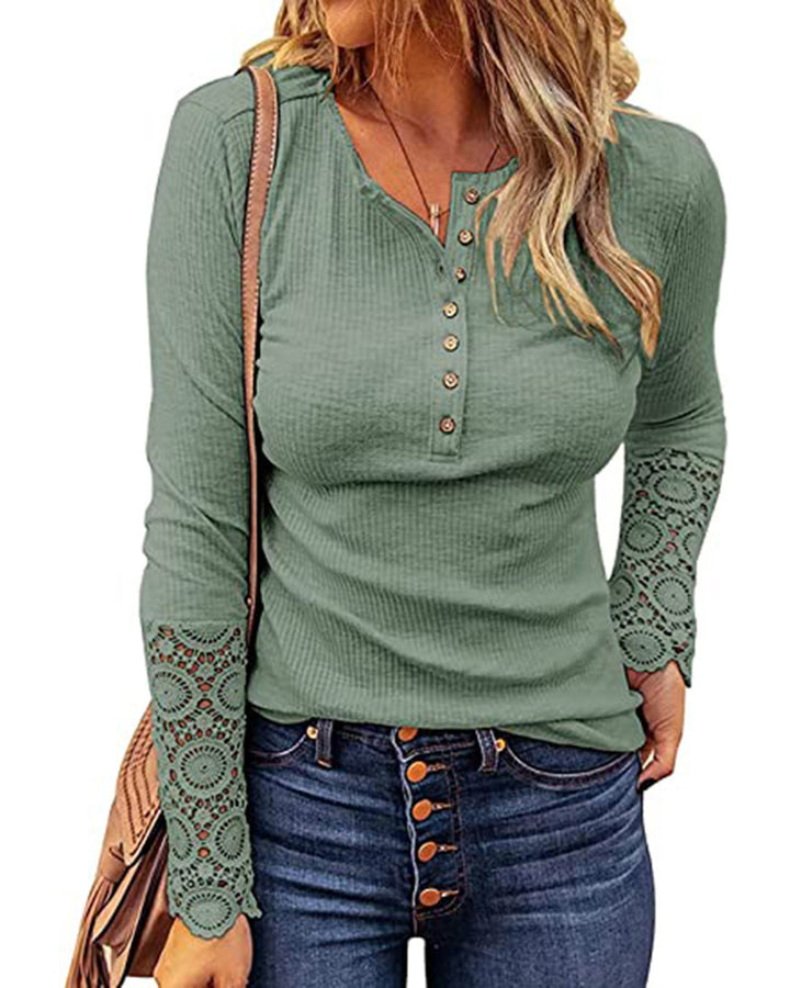 MALENEY ROUND NECK LACE SLEEVE TOP(8 COLORS)