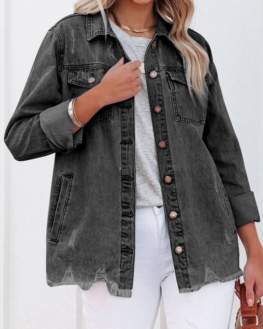 MALENEY POCKETED DISTRESSED DENIM SHACKET